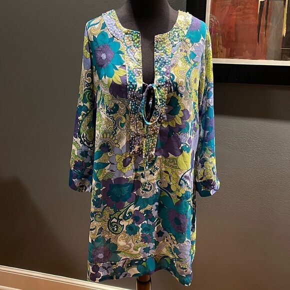 Tommy Bahama semi sheer floral print sequin/bead tie bodice swim cover-up. Med - Picture 1 of 7